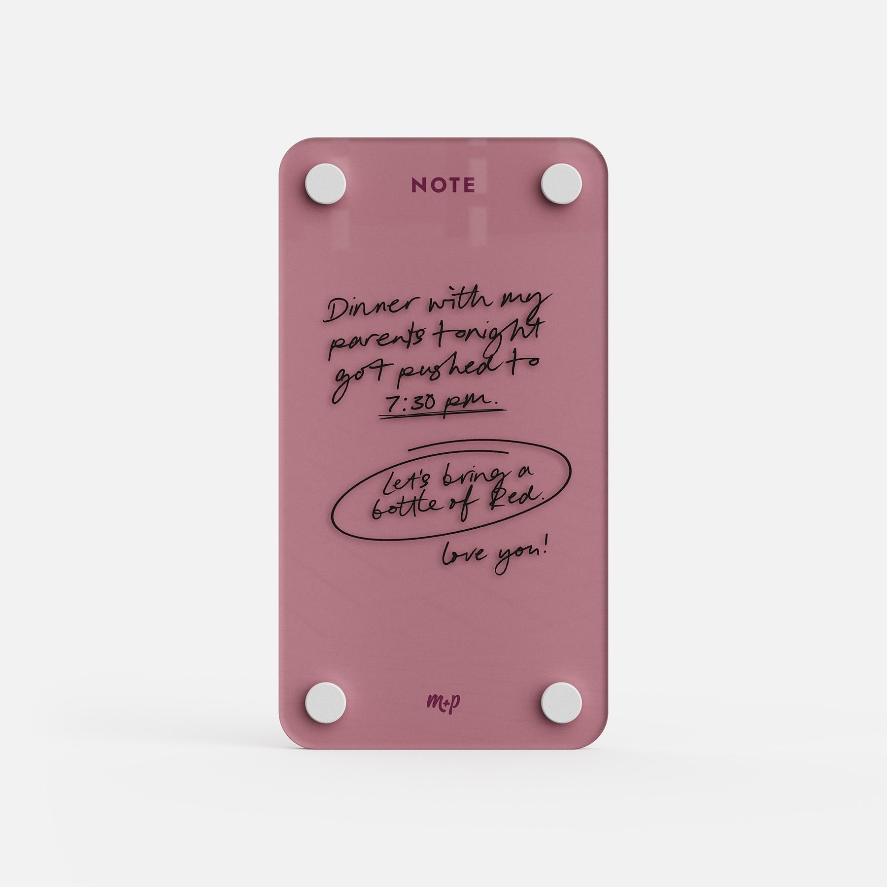 Plum tall magnetic acrylic note board with a handwritten message about dinner moving to 7:30